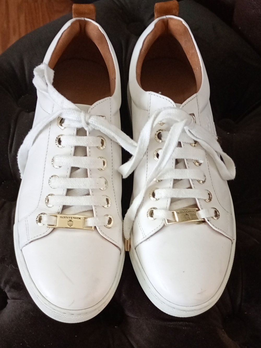 Fairfax + Favor | White Leather Sneakers with Brown Lining + Gold Trim | 40